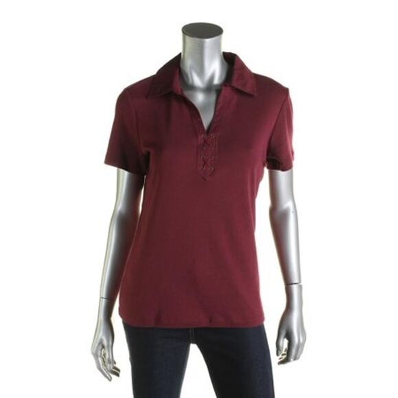 Karen Scott Lace Up Polo Split Burgundy Short Sleeve V Neck Top Tunic Blouse Tee - Picture 1 of 8